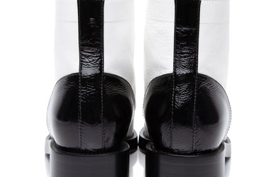 CHANEL Black White Distressed Patent Cap Toe Combat Boots 38 (New)