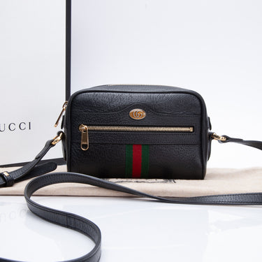 GUCCI Calfskin Web Mini Ophidia Shoulder Bag Black