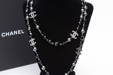 CHANEL Black and Ruthenium Pearl Beaded CC Long Necklace
