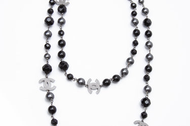 CHANEL Black and Ruthenium Pearl Beaded CC Long Necklace