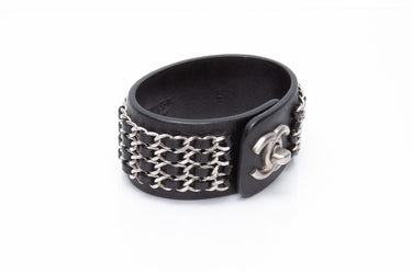CHANEL CC Black Leather and Chain Bracelet