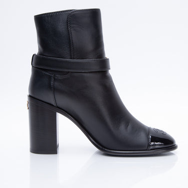 CHANEL Lambskin Leather Cap Toe CC Ankle Boots 38.5 Black
