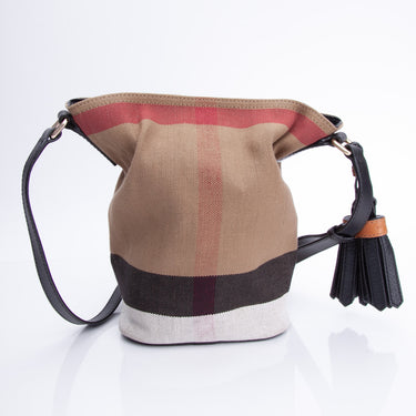 BURBERRY Women's Natural Ashby Small Canvas Check & Leather Bucket Bag