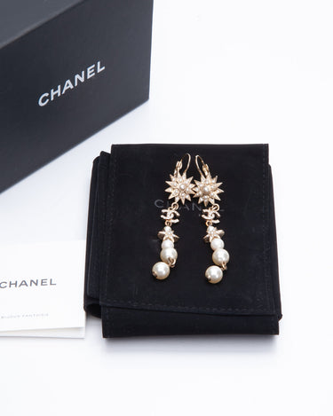 Chanel Crystal Pearl CC Drop Earrings Gold