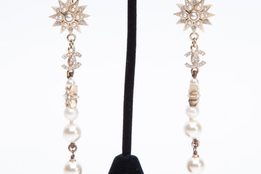CHANEL Crystal Pearl CC Star Drop Earrings Gold