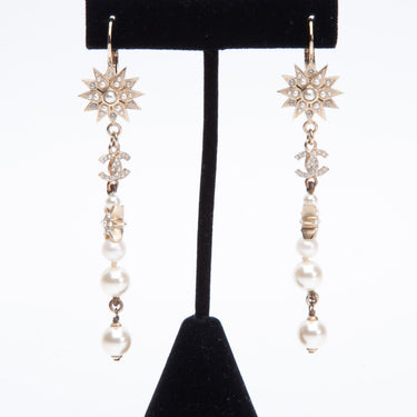 CHANEL Crystal Pearl CC Star Drop Earrings Gold
