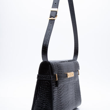 SAINT LAURENT Black Crocodile Embossed Shiny Leather Manhattan Shoulder Bag (New)