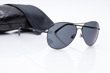 CHANEL Black Pilot Titanium & Calfskin Aviator Sunglasses