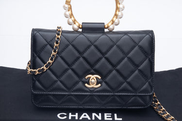 CHANEL Black Lambskin Quilted Pearl Bracelet Top Handle Wallet On Chain WOC