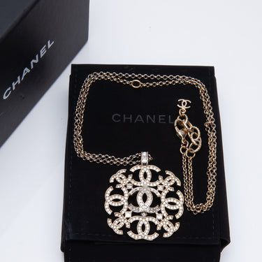 CHANEL Crystal CC Large Pendant Gold Tone Necklace