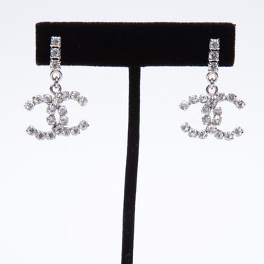 CHANEL CC Logo Rhinestone Prong Dangle Drop Earrings Silver