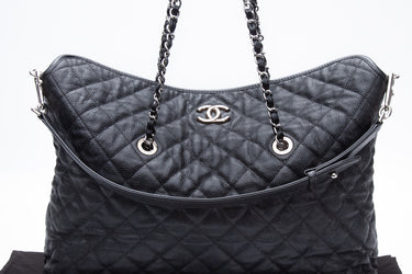 CHANEL Black Caviar Quilted French Riviera Fold Tote Bag