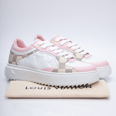LOUIS VUITTON Monogram Embossed Calfskin Damier Azur Rose Clair Pink Time Out Sneakers 36 (NEW)