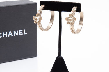CHANEL Gold Enamel Pearl CC Camellia  Half Hoop Earrings