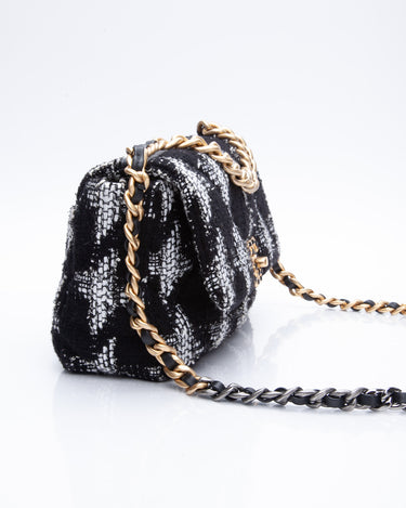 Chanel Black White Tweed Quilted Medium Chanel 19 Flap Bag