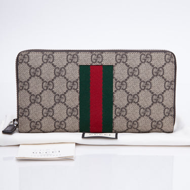 GUCCI Beige & Ebony GG Supreme Coated Canvas Web Zip Wallet