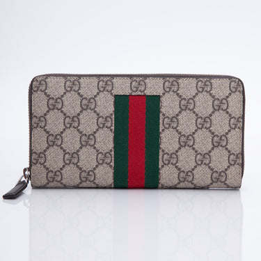 GUCCI Beige & Ebony GG Supreme Coated Canvas Web Zip Wallet