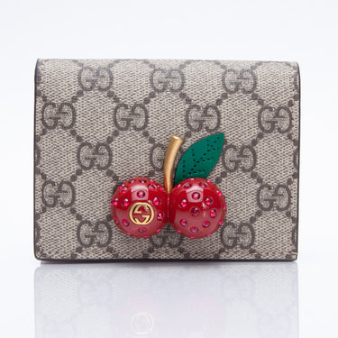 GUCCI GG Supreme Monogram Cherry Embellished Card Holder (New)