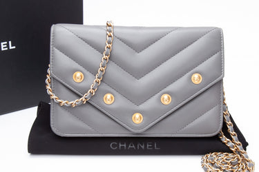 CHANEL Gray Lambskin Chevron Medallion WOC Wallet on Chain