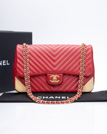 Chanel Lambskin Rock The Corner Chevron Flap Red Bag