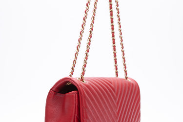 CHANEL Lambskin Rock the Corner Chevron Flap Red Bag