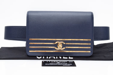 CHANEL Blue Navy Grained Calfskin Embroidered Captain Gold Flap Belt Bag