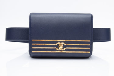 CHANEL Blue Navy Grained Calfskin Embroidered Captain Gold Flap Belt Bag