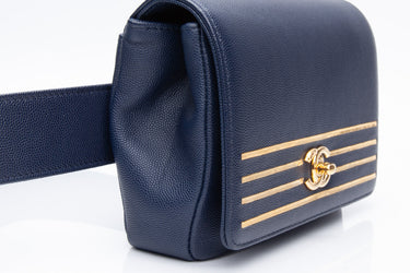 CHANEL Blue Navy Grained Calfskin Embroidered Captain Gold Flap Belt Bag