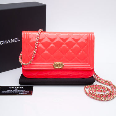 CHANEL Neon Pink Quilted Patent Leather Boy Wallet on Chain WOC Crossbody