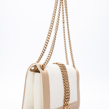 CHANEL Quilted Rock Boy Gold Cream Flap Bag