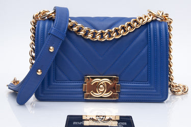 CHANEL Blue Calfskin Chevron Boy Small Flap Bag