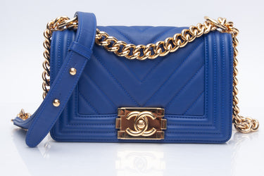 CHANEL Blue Calfskin Chevron Boy Small Flap Bag