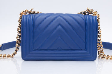 CHANEL Blue Calfskin Chevron Boy Small Flap Bag