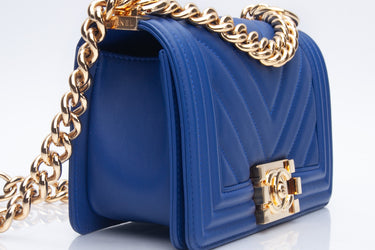 CHANEL Blue Calfskin Chevron Boy Small Flap Bag