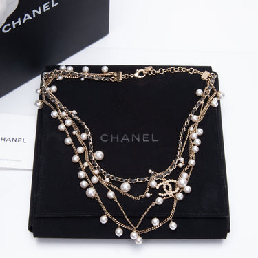 CHANEL Leather, Faux Pearl & Strass CC Collar Necklace