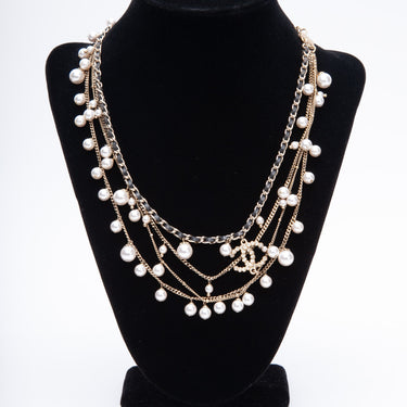 CHANEL Leather, Faux Pearl & Strass CC Collar Necklace