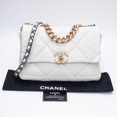 CHANEL 19 Flap Bag Quilted Lambskin White Large