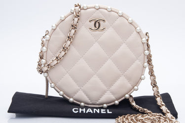 CHANEL Cream Calfskin Quilted Pearl Round Crossbody Bag