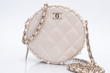 CHANEL Cream Calfskin Quilted Pearl Round Crossbody Bag