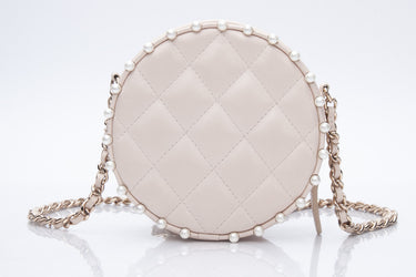 CHANEL Cream Calfskin Quilted Pearl Round Crossbody Bag