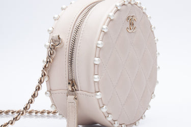 CHANEL Cream Calfskin Quilted Pearl Round Crossbody Bag