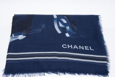 CHANEL CC Cashmere Navy Blue & Grey Shawl (New)