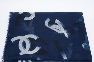 CHANEL CC Cashmere Navy Blue & Grey Shawl (New)