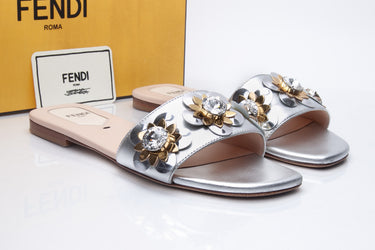 FENDI Flowerland Jeweled Metallic Leather Slides 37