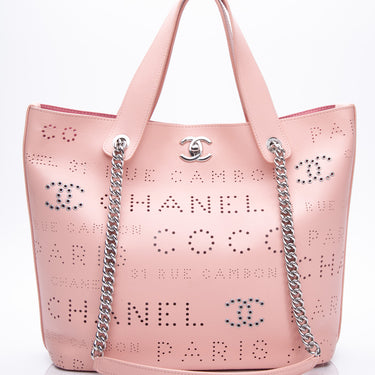 CHANEL Calfskin Tweed Pink Logo Eyelets Shopping Tote