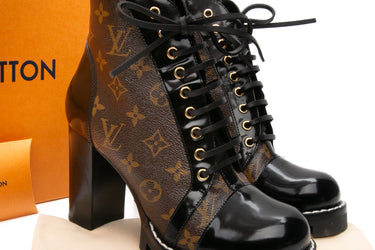 LOUIS VUITTON Patent Black Calfskin Monogram Star Trail Ankle Boots 40