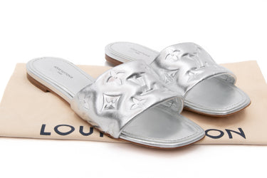 LOUIS VUITTON Silver Metallic Lambskin Embossed Monogram Revival Flat Mule 37