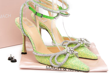 MACH & MACH Green Glitter Double Bow Ankle Strap High Heels 39 (New)