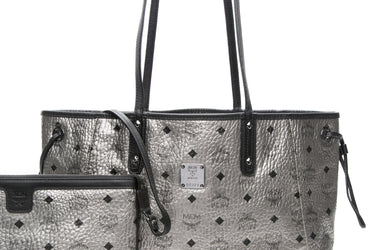 MCM Metallic Silver Black Visetos Liz Reversible Medium Tote Bag