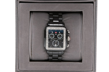 MICHELE Deco Diamond Chronograph Ceramic Black Mother of Pearl Dial Watch